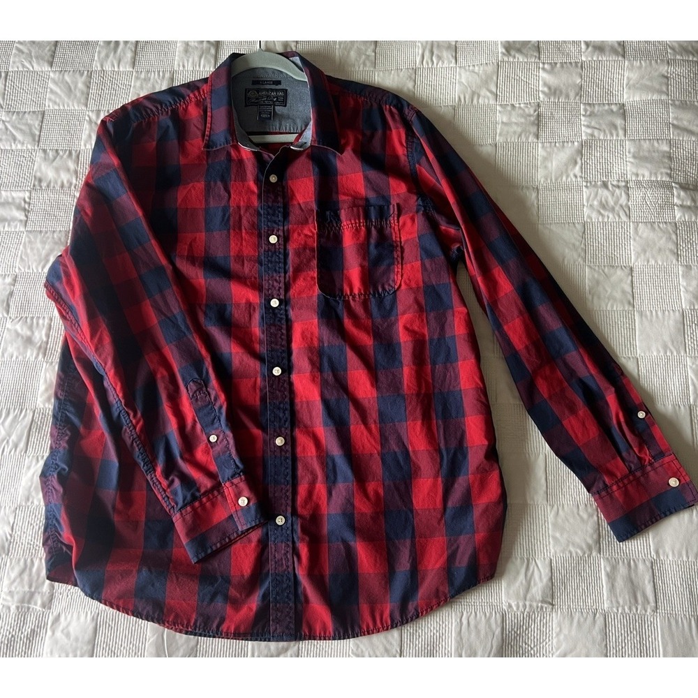 American Rag Shirt Men's XL Red Navy Plaid Button-Up Long Sleeve Casual Cotton